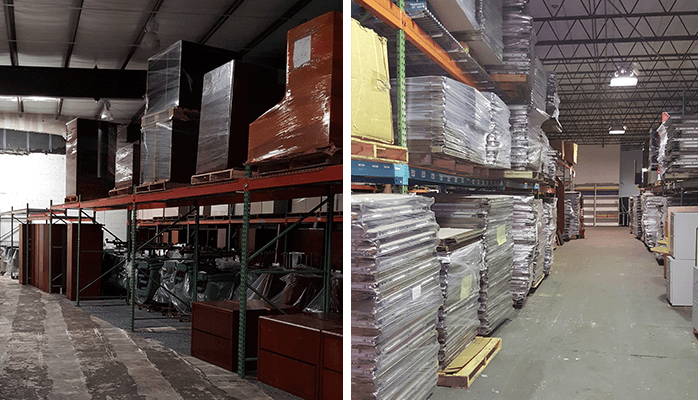 Office furniture stored in the Advanced Furniture Solutions warehouse